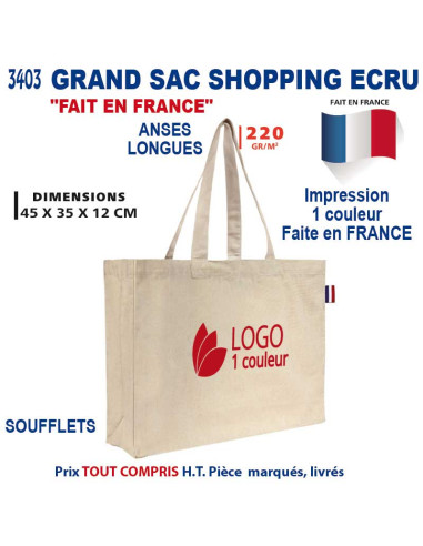 GRAND SAC SHOPPING COTON ECRU 220 GRS FAIT EN FRANCE REF 3403 3403 BONS PLANS 6,28 €